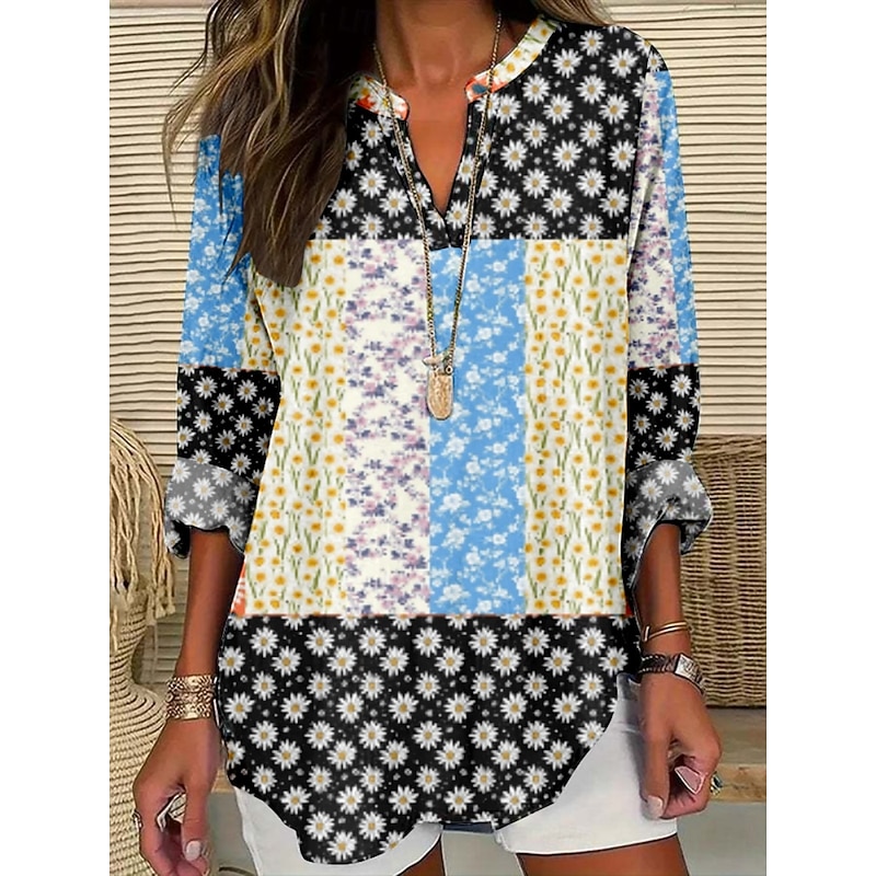 Women's Blouse Floral Stylish Modern Long Sleeve V Neck Regular Tops Daily Holiday Print Black White Summer3