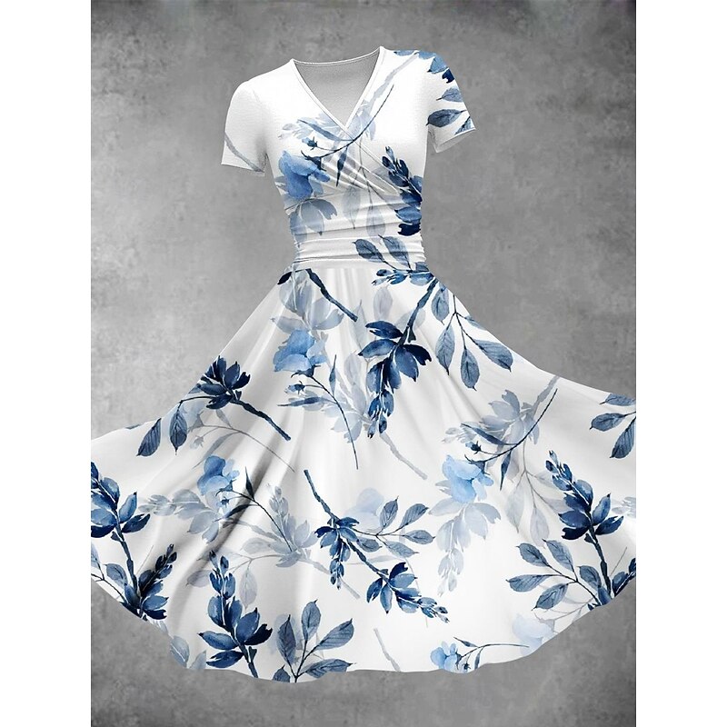 Women's Midi Dress Summer Dress Fit And Flare Dress Party Casual Daily Holiday Regular Fit Floral Graphic Short Sleeve V Neck Yellow Red Blue Purple Summer