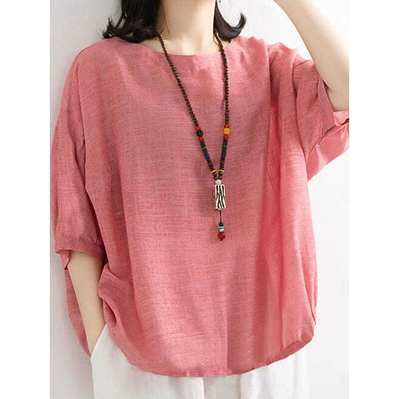 Women's Shirt Solid Color Stylish Casual 3/4 Length Sleeve Crew Neck Regular Tops Daily Pink Blue Purple Green Summer Spring
