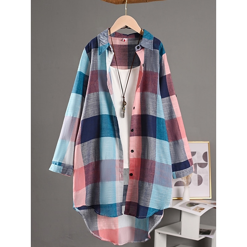 Women's Shacket Comfortable Breathable Buttons Print Casual Plaid Vacation Street Casual Daily Wear Single Breasted Long Turndown Regular Fit Long Sleeve Outerwear Black And White Red Blue Spring Fall