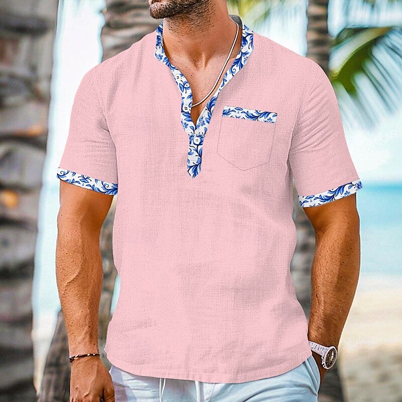 Men's Floral Print Tropical Flowers Shirt Henley Shirt Stand Collar Shirt Short Sleeve Hawaiian Vacation Casual Summer Spring Mandarin Collar Band Collar Buttons Front One Pocket Linen Like Shirt2