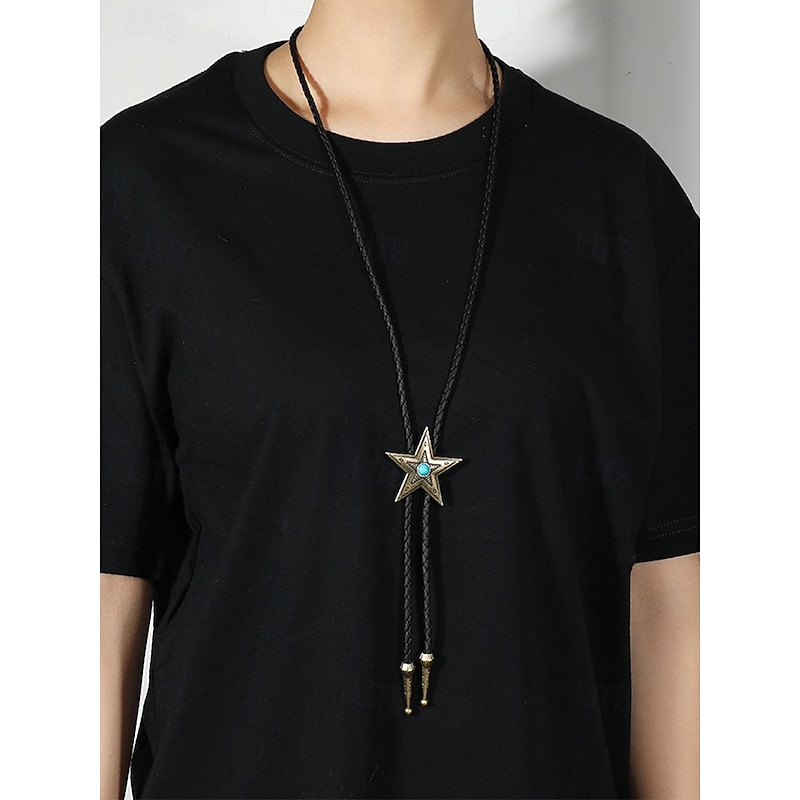 Men's Western Star Bolo Tie with Turquoise Center, Antique Bronze or Silver Metal, Adjustable Braided Leather Cord, Vintage Cowboy Rodeo Neckwear for Country Concerts, Weddings and Daily Wear3