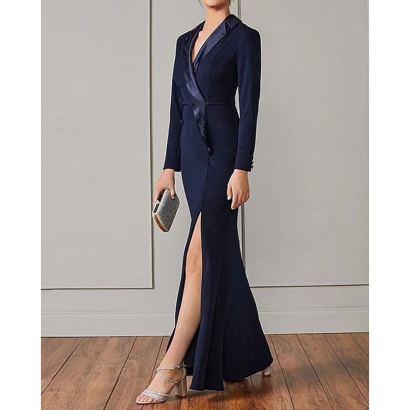 Tuxedo Dress Sheath / Column Formal Wedding Guest Satin Crepe Elegant Simple Long Sleeve Ankle Length Split Thigh Notched Lapels Double Breasted2