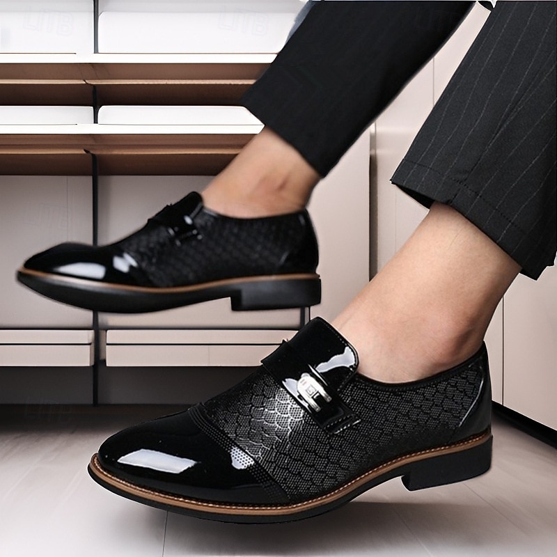 Men's Black Patent Faux Leather Loafers with Textured Scale Pattern and Metal Buckle, Elegant Slip-On Dress Shoes for Weddings, Business and Formal Events4