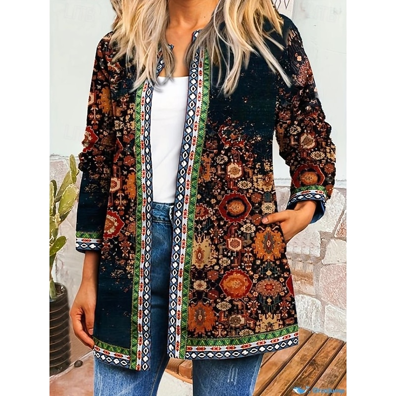 Women's Jacket Dailywear Print Floral Casual / Daily Elegant Regular Fit Outerwear Long Sleeve Spring Black S4