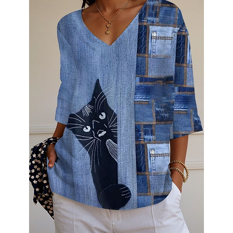 Women's Blouse Graphic Animal Cat Vintage Daily Stylish 3/4 Length Sleeve V Neck Regular Tops Daily Print Blue Summer Spring3