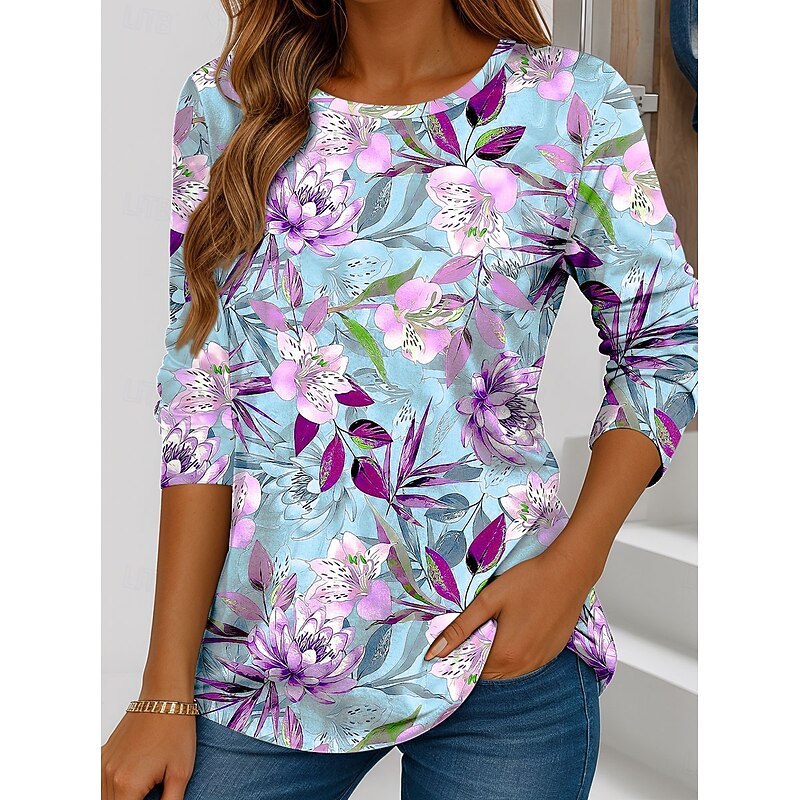 Women's T shirt Long Sleeve Crew Neck Long Sleeve Tunic Floral Graphic Vintage Stylish Classic Regular Tops Daily Weekend Print Pink Blue Purple Green Spring Fall Prefall4