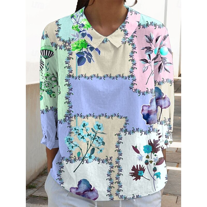 Women's Blouse Long Sleeve Peter Pan Collar Casual Floral Graphic Geometric Daily Stylish Collar Regular Tops Daily Print Yellow Pink Blue Spring Fall2