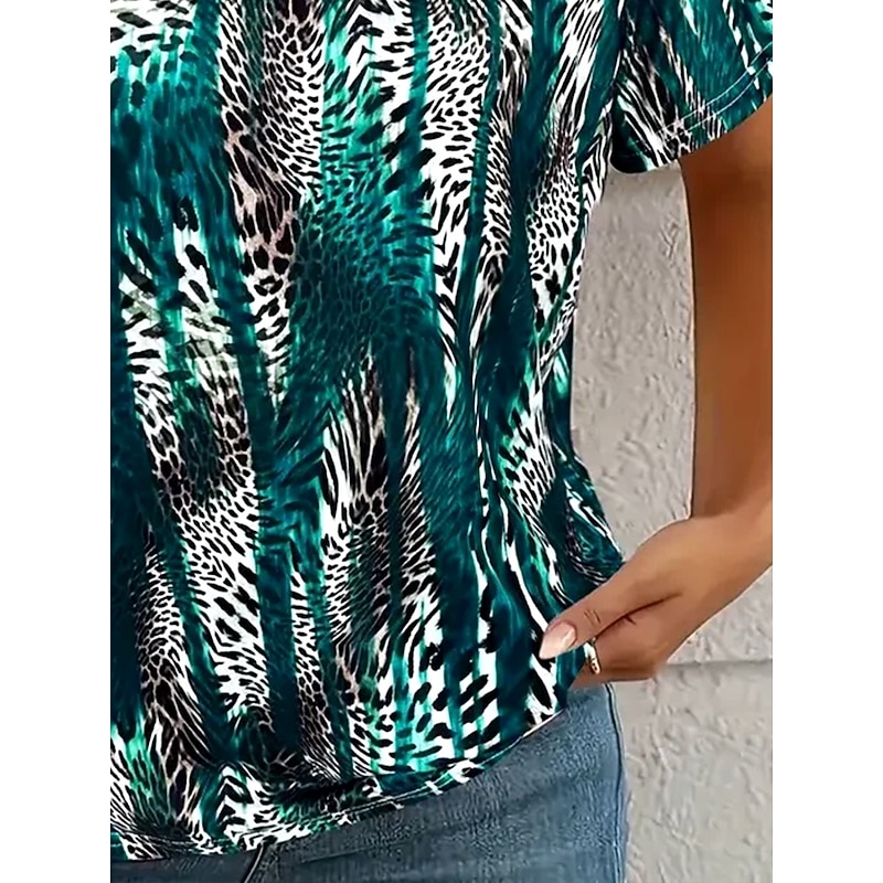 Women's T Shirt Graphic Leopard Striped Vintage Stylish Western Short Sleeve V Neck Regular Tops Daily Going out Weekend Print Dark Green Summer Spring Fall3