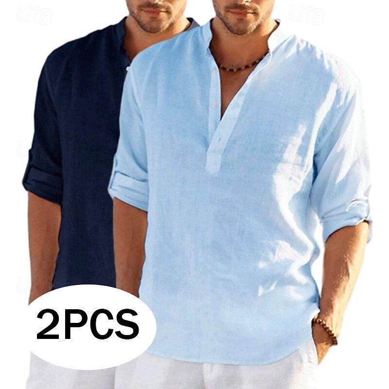 Men's Shirt Linen Shirt Band Collar Shirt Popover Shirt Summer Shirt Beach Wear Solid Color Vacation Casual White+khaki Blue+Dark Grey Navy Blue+Grey Blue+Navy Blue Long Sleeve Henley Summer Spring
