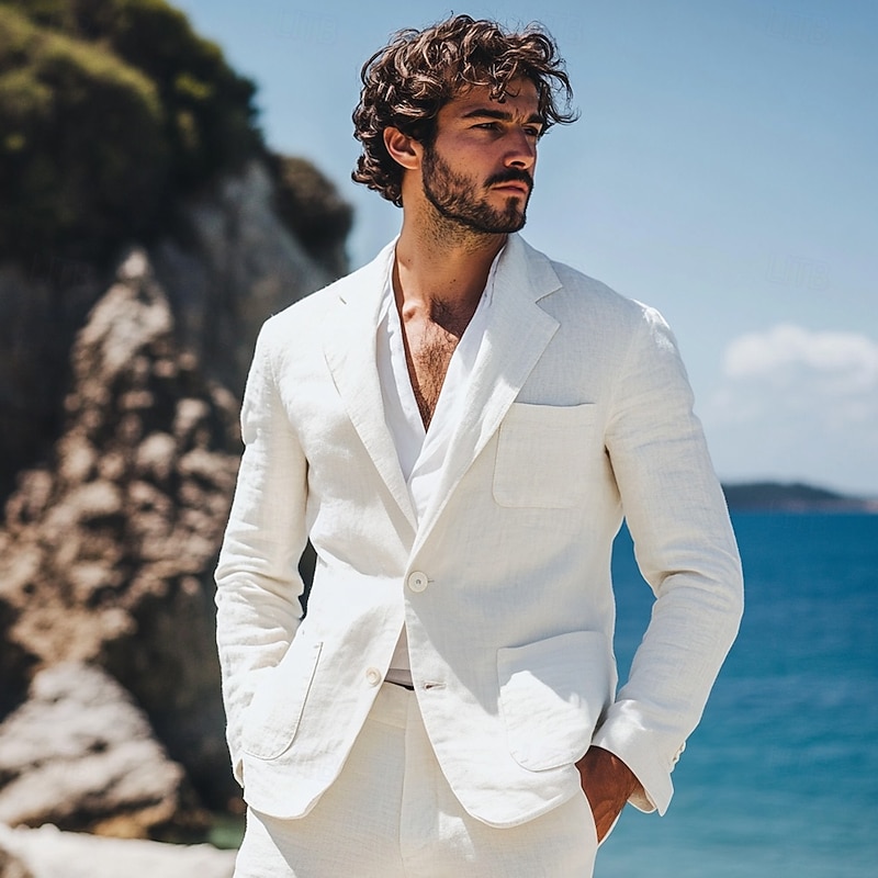 Men's Wedding Linen Suits White Lightweight Half Lined Summer Casual Suits Solid Colored Standard Fit 2 Piece Single Breasted One-button