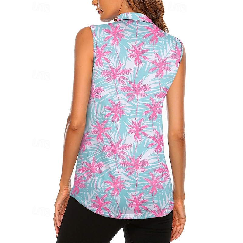 Women's Graphic Tree Tropical Sport Shirt Golf Polo Shirt Tennis Shirt Sleeveless Zipper High Elasticity Moisture Wicking Breathable Tennis Golf Pickleball Turndown Zip Collar Shirt Top Blue Tennis2