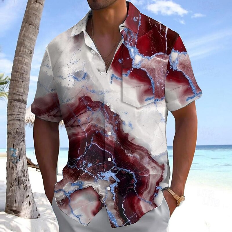 Men's Geometric Marble Abstract Art Shirt Summer Shirt Button Up Shirt Short Sleeve Fashion Casual Outdoor Vacation Dailywear Summer Spring Turndown 3D Print Collared Shirts Front One Pocket Wine4