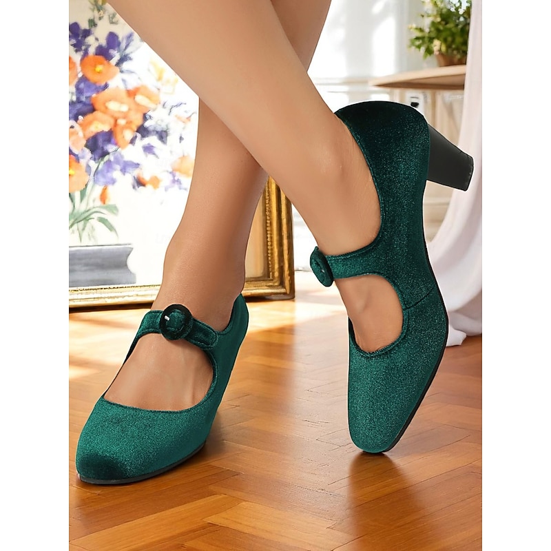 Women's Green Velvet Mary Jane Pumps with Round Buckle – 1920s Vintage Style Mid Heels for Parties, Weddings, and Retro Outfits