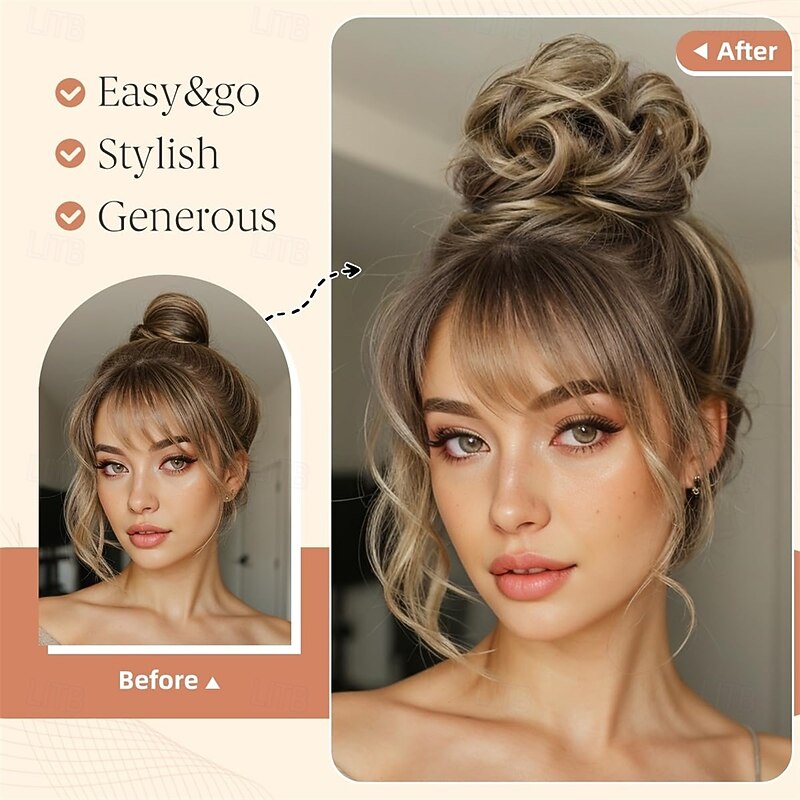 2PCS Messy Bun Hair Pieces Wavy Curly Synthetic Updo Chignon Fake Scrunchies Ponytail Extension for Women Bernstein Multi2