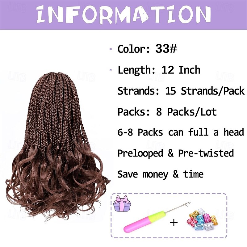French Curly Braiding Hair Prelooped 12 Inch Dark Auburn Crochet Hair for Women 8 Packs Short Crochet Braids with Curly Ends Synthetic Hair Extension 33#2