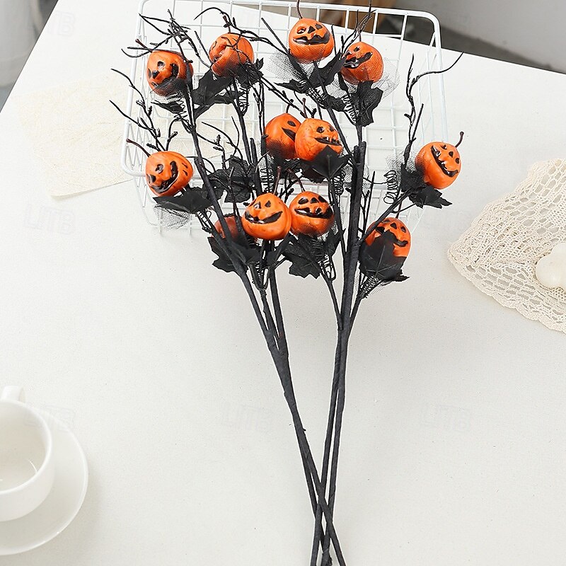 2 Bundles Halloween Pumpkin Artificial Flowers, Black Faux Ghost Face Pumpkins, Black Rose and Greenery Halloween Party Decorations3