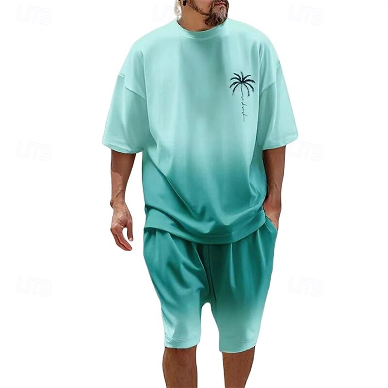 Men's T-shirt Suits 2 Pieces Outfits Tee & Shorts Short Sleeve Crew Neck Summer Coconut Tree Gradual Fashion Casual 2 Piece Vacation Daily Wear Going out Black Navy Blue Blue Top Tee for Men2