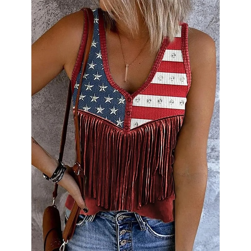 Women's Patriotic  Camisole Tank Top Flag Stylish Western Casual Sleeveless Sleeveless V Neck Crop Tops Daily Print Red Blue Purple Summer Spring
