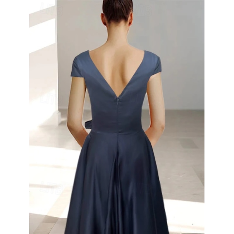 A-Line Cocktail Dresses Elegant Formal Wedding Guest Ankle Length Short Sleeve V NeckDress Satin with Bow(s)2