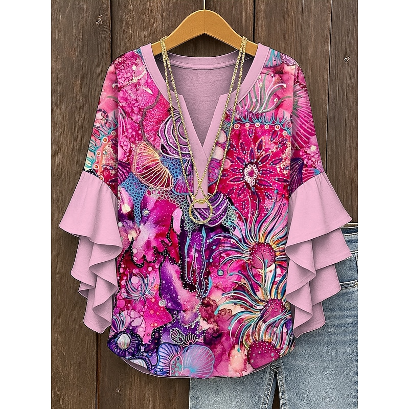 Women's Blouse V Neck Ombre Graphic Abstract Bohemia Vintage Daily 3/4 Length Sleeve Regular Tops Daily Holiday Vacation Wear Print Pink Blue Purple Orange Green Summer Spring Fall