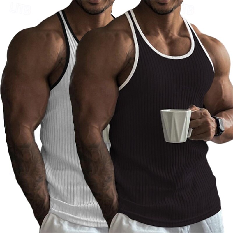 2 Piece  Men's Tank Top Wife beater Shirt Sleeveless Crew Neck Summer Color Block Pit Strip Fashion Designer Sporty Outdoor Casual Going out White Black Top Tee for Men3
