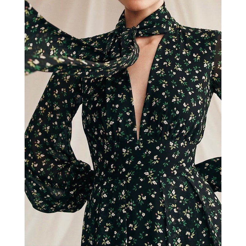 Black Floral Print A-Line Mother of the Bride Dress Elegant Simple Minimalist V Neck with Scarf Floor Length Chiffon Long Sleeve with Pleats2