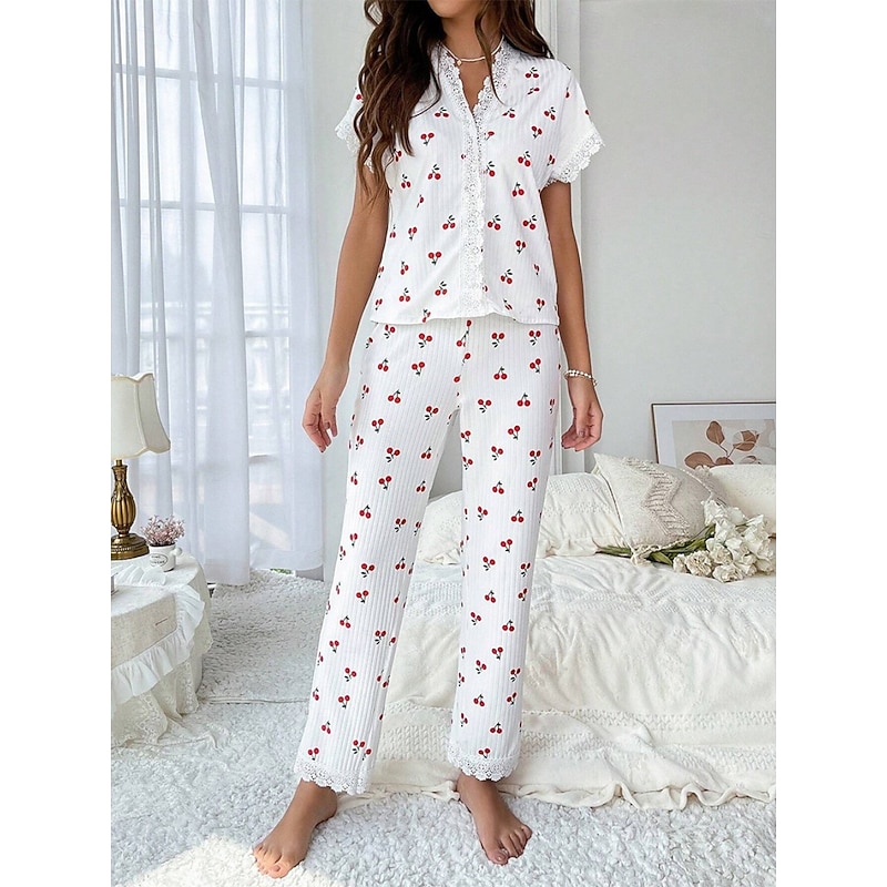 Women's Pajama Set Casual Comfort Cherry Elastic Waist Shirt Pant Home Daily Short Sleeve V Neck White Summer Spring Fall Regular Fit4