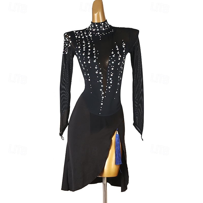 Latin Dance Dress Splicing Crystals / Rhinestones Women's Performance Training Long Sleeve Chinlon Mesh Spandex