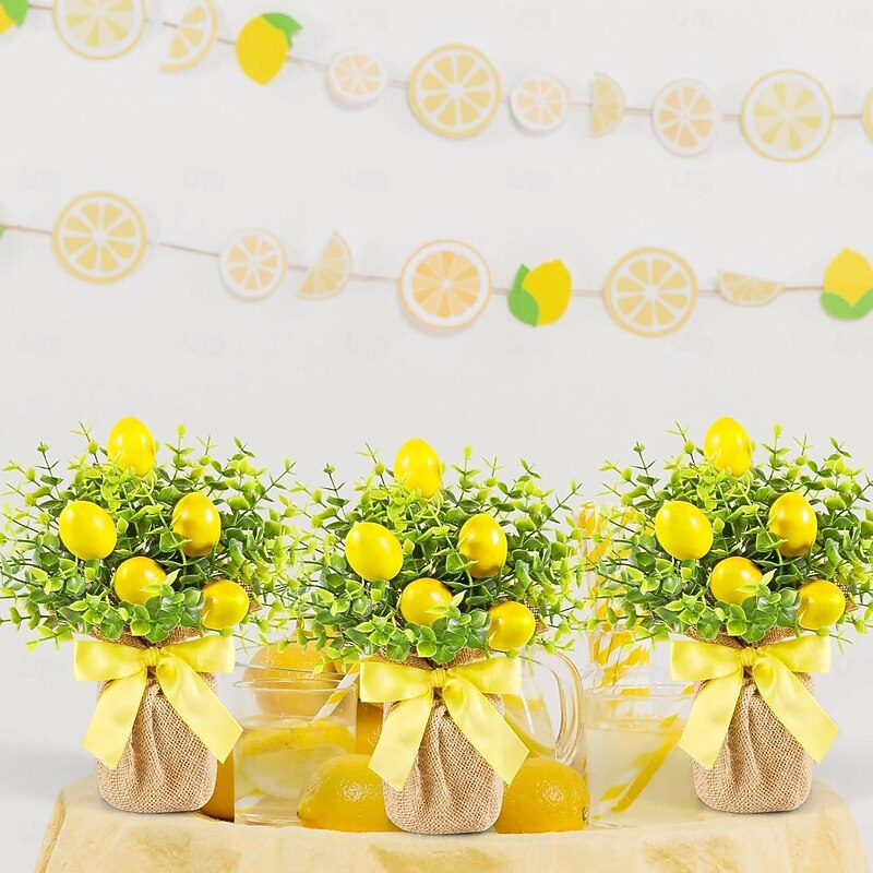 3 Pcs Artificial Lemon Flower Bouquet, Faux Greenery Plants for Table Centerpiece, Fake Yellow Fruit Floral Arrangements for Home Decor, Living Room or Dining Table Display3
