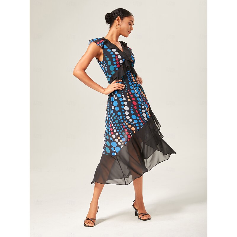 Colorblock Polka Dot Chiffon Ruffle Maxi Dress2