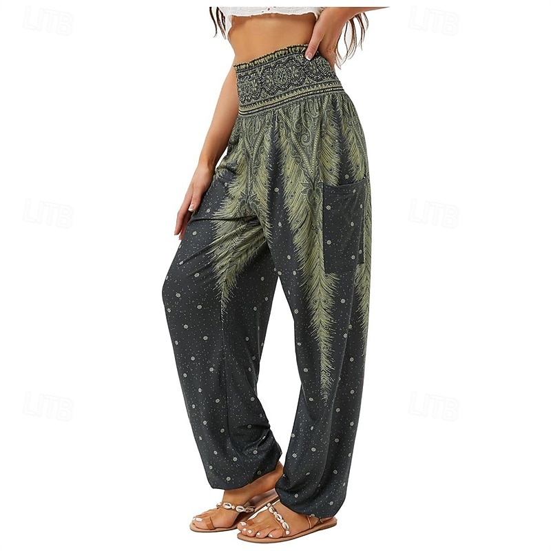 Women's Pants Trousers Straight Fashion Boho Full Length High Waist Print Elastic Waist Breathable Comfortable Micro-elastic Street Daily Wear Going out Black White Red Royal Blue Summer Regular Fit