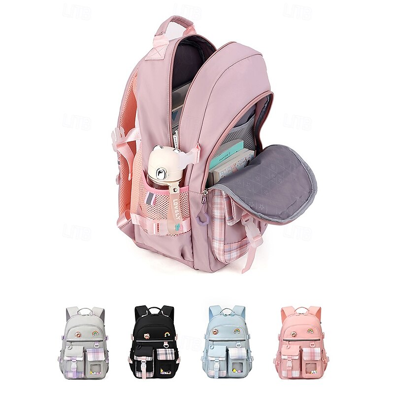 Cute girl campus backpack - multi-pocket design, Plaid stitching, Lightweight and waterproof, large capacity, Suitable for daily commuting Black Pink Sky Blue2