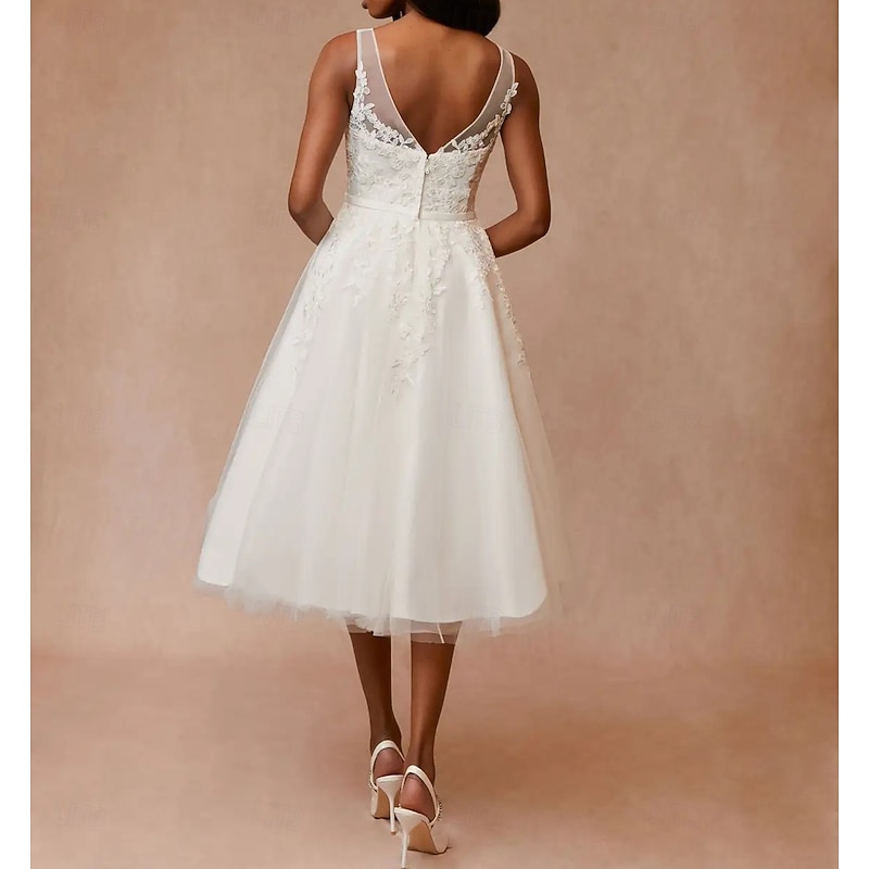 Engagement Little White Dresses Wedding Dresses A-Line V Neck Sleeveless Knee Length Satin Bridal Gowns With Sash / Ribbon Appliques2