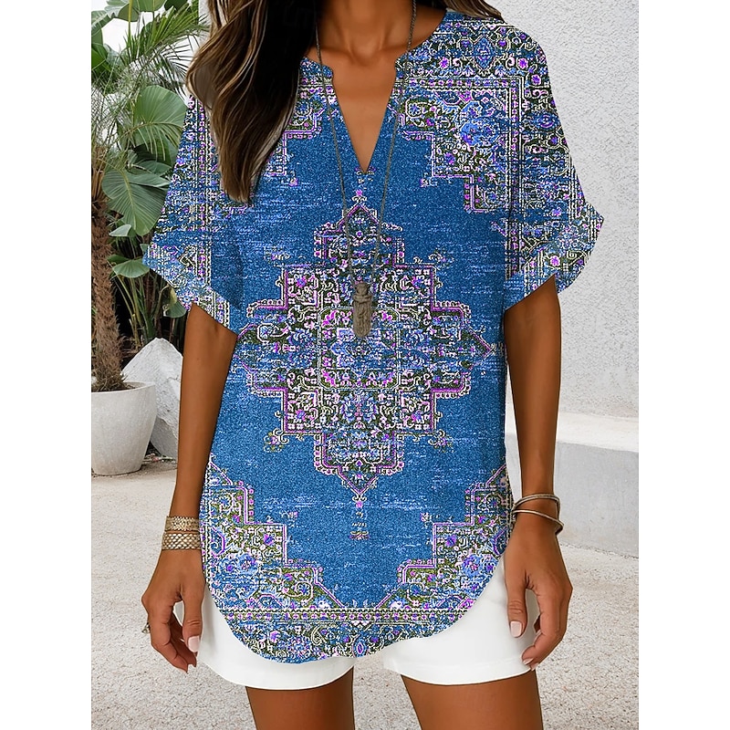Women's Boho Shirt Graphic Paisley Bohemia Active Vintage Short Sleeve Regular Tops Daily Holiday Beach Wear Black Pink Red Blue Orange Summer Spring4