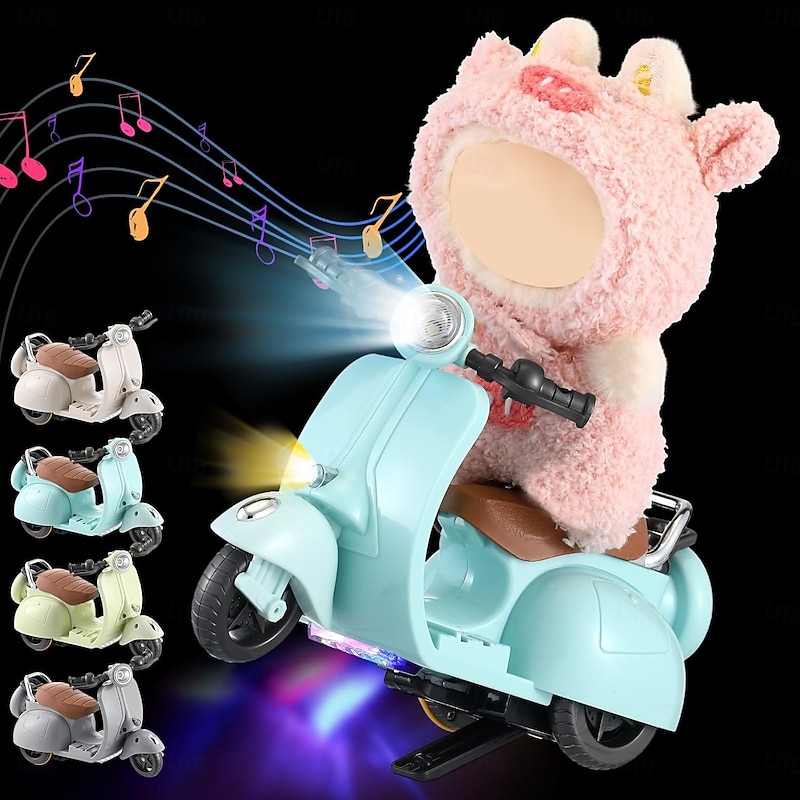 Mini Electric Doll Scooter Vehicles Toy 4 Colors Available Funny Doll Accessory with Music & Lights Could Rotate 360° Cute Plastic Scooter Toy Ornaments Battery Not Included