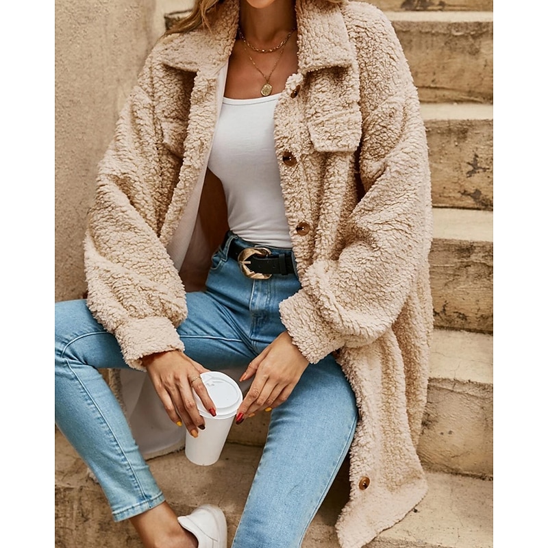 Women's Coat Warm Comfortable Pocket Buttons Outdoor Casual Plain Outdoor Street Daily Holiday Single Breasted Long Turndown Regular Fit Long Sleeve Outerwear White Khaki Apricot Fall Winter2