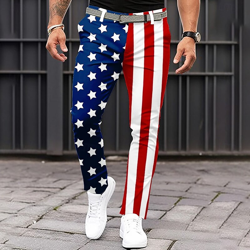 Men's American US Flag Patriotic Dress Pants Trousers Casual Pants Mid Waist Classic Casual Holiday Slim Fit Pants with Pockets Spring Fall 3D Print White Blue