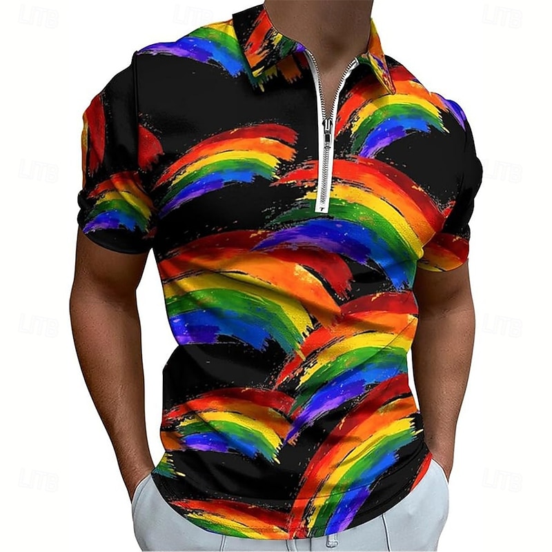 Pride Month Men's Rainbow Polo Short Sleeve Polo Shirts Turndown Casual Casual Festival Zipper Summer Rainbow