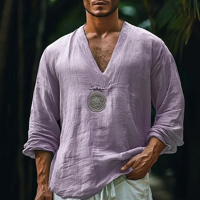 Men's Shirt Linen Shirt Popover Shirt Summer Shirt Beach Wear Ethnic Shirt Plain Vacation Street Purple Khaki Long Sleeve V Neck Summer Spring Clothing Apparel
