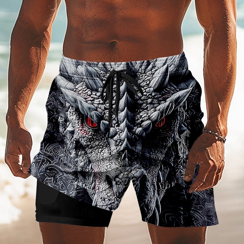 Men's Dragon 3D Lined Shorts 2 in 1 Board Shorts Swim Shorts Mid Waist Dark Gothic Style Holiday Side Pockets With Compression Liner Elastic Drawstring Waist Designer Clothing Apparel