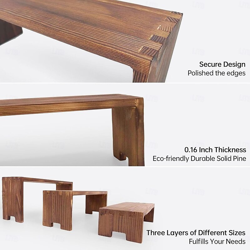 3-Piece  Wooden Riser Display Stands for Vendor Events, Rustic Wood Shelf Rack for Cupcakes, Perfume, Flowers, Collectibles2