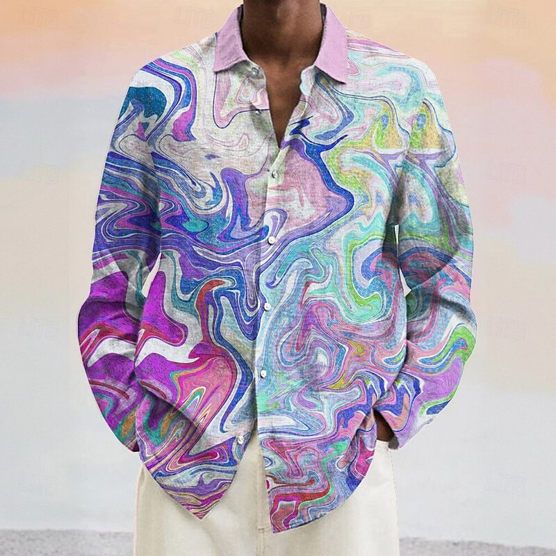 Men's Marble Abstract Liquid Art Shirt Button Up Shirt Long Sleeve Fashion Casual Vacation Daily Spring Fall Turndown 3D Print Linen Like Shirt Pink Purple Green2