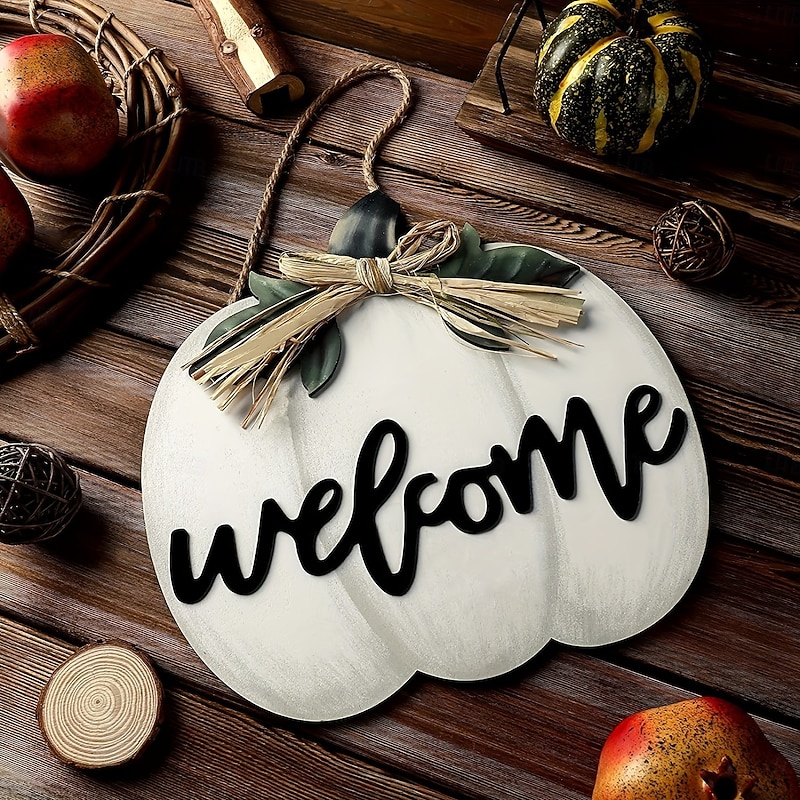 Fall Welcome Wood Door Hanger,Halloween Thanksgiving Pumpkin 3D Plaid Front Door Sign, Rustic Hanging Porch Wreath Autumn Home Decor2