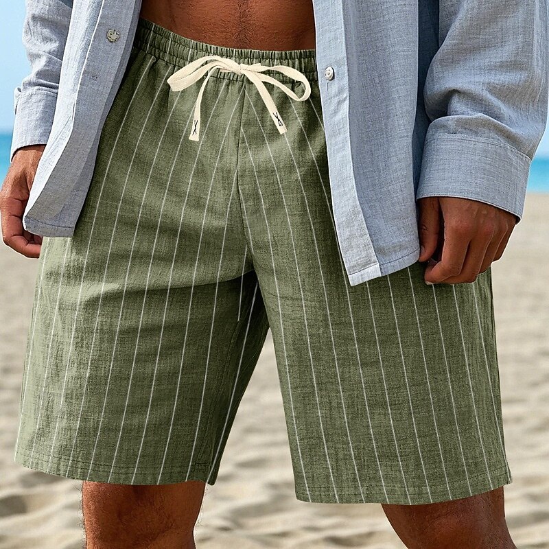 Men's Shorts Linen Shorts Summer Shorts Beach Shorts Drawstring Elastic Waist Striped Comfort Breathable Knee Length Outdoor Daily Beach Vacation Hawaiian Black White