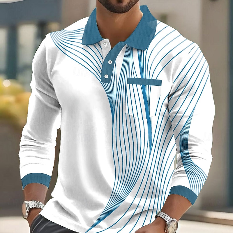 Men's Geometric Polo Long Sleeve Polo Shirts Collared Shirts Business Casual Business Athleisure Daily Wear Pocket 3D Print Buttons Spring Fall Winter Red Blue Green