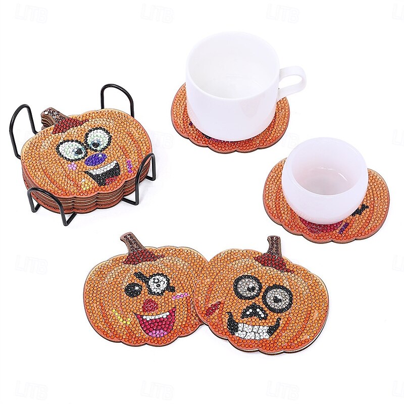10pcs Halloween Pumpkin Wooden Coaster Set, Handmade DIY Dot Diamond Art Cup Mats, Insulated Non-slip Drink Coasters with Stand for Party Table Decor2