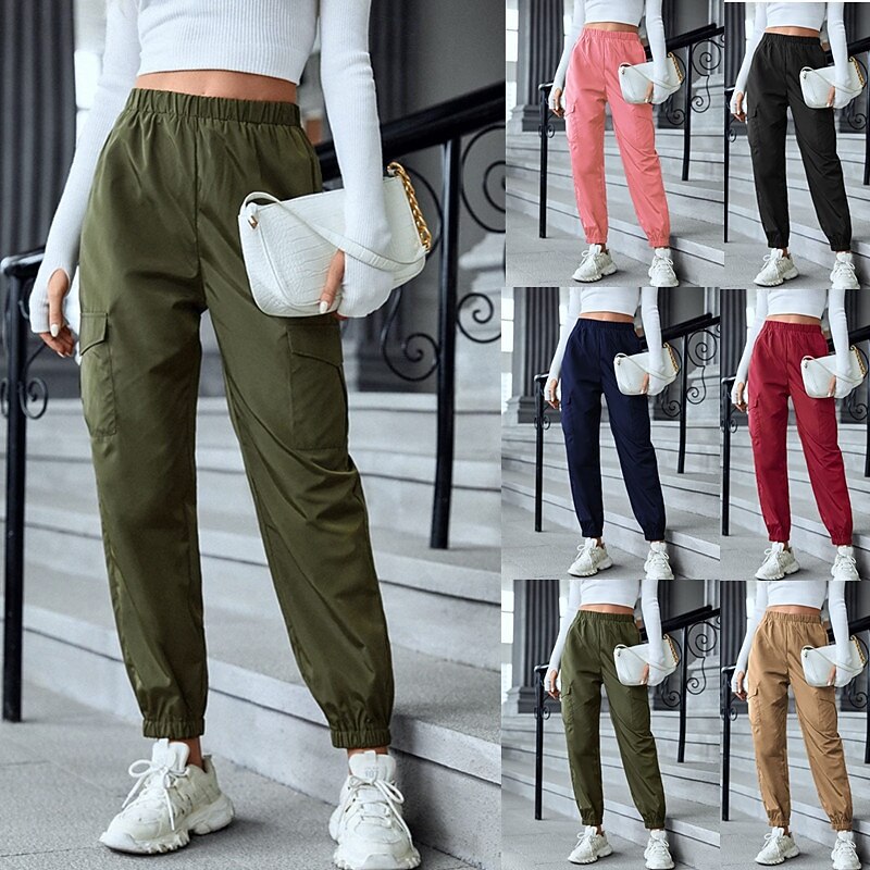 Women's Cargo Pants Slacks Fashion Streetwear Full Length Natural Plain Pocket Elastic Waist Comfy Outdoor Comfortable Street Going out Wine Black Pink Blue Summer Regular Fit