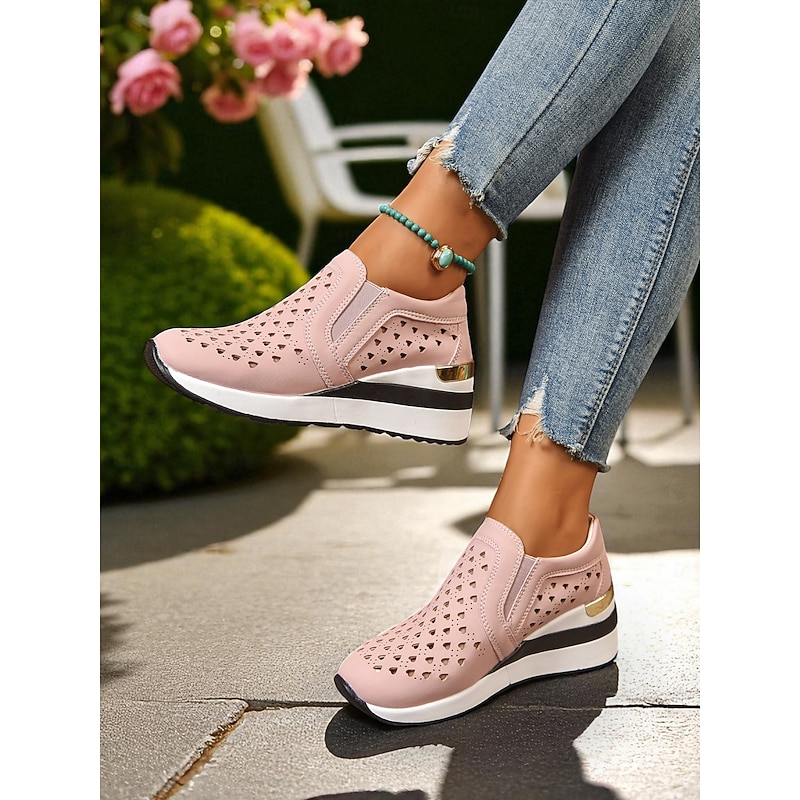 Women's Pink Wedge Sneakers – Breathable Cutout Slip-On Walking Shoes with Gold Heel Detail for Travel, Work and Summer Outings3