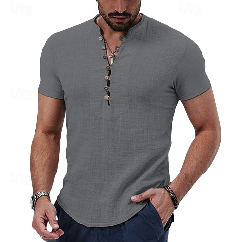 Men's Linen Shirt Band Collar Shirt Popover Shirt Summer Shirt Beach Wear Casual Shirt Plain Vacation Casual Black White Red Khaki Short Sleeve Band Collar Summer Clothing Apparel Buttons